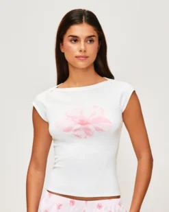 New T-hirt anche courte en jerey iprié hibicu Hauts De Pyjamas|Pyjamas Pour Les Grandes